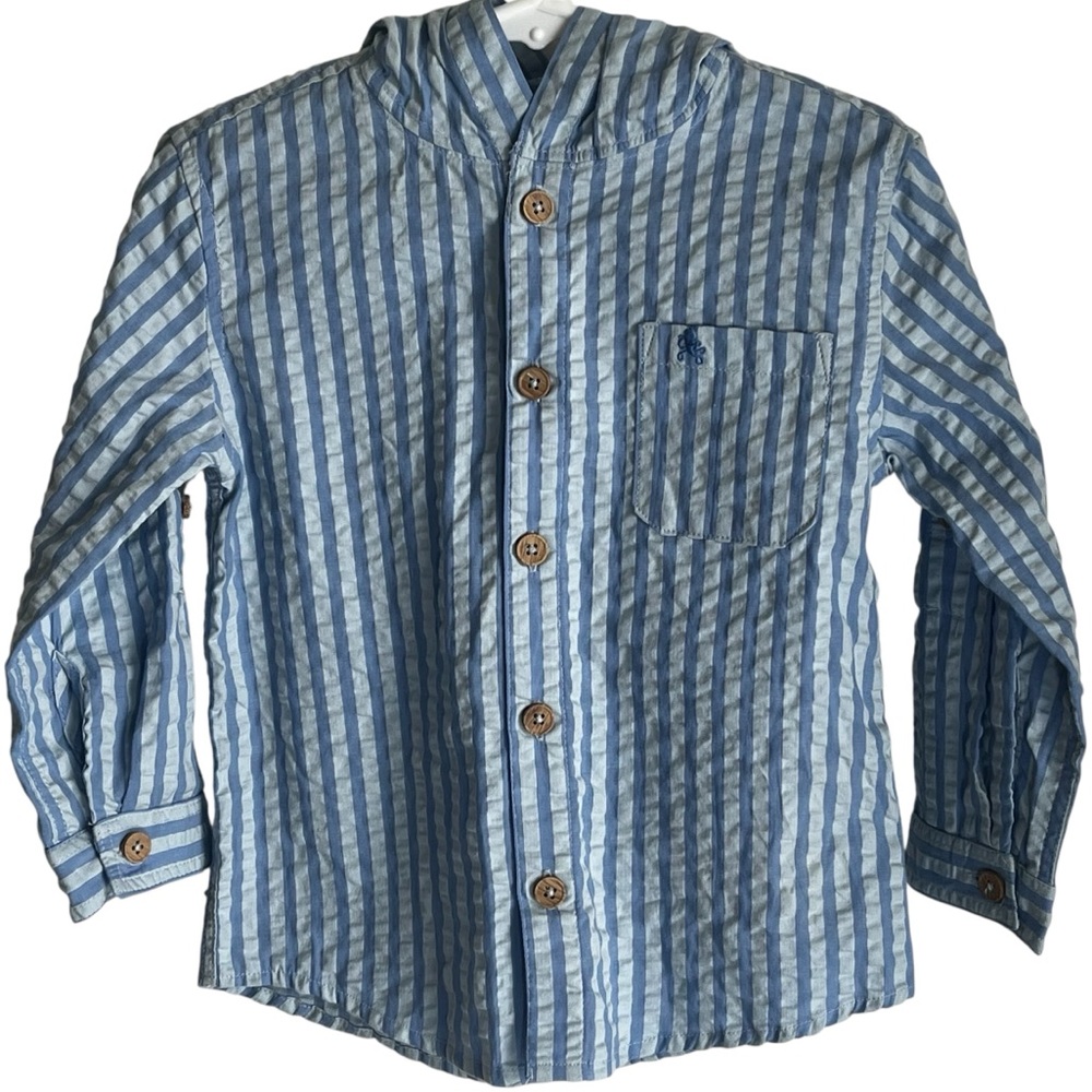Tommy Bahama Blue Striped Textured 100% Cotton Button-Up Shirt Hooded Size 2T
